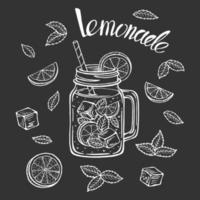 Hand drawn lemonade mug with slice of lemon, vector illustration.