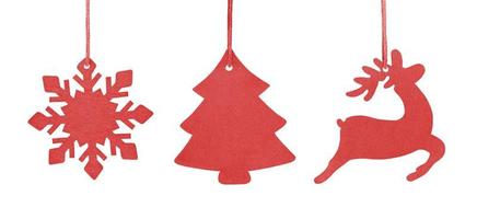 Set of red hanging wooden ornament Christmas tree, snowflake and deer photo