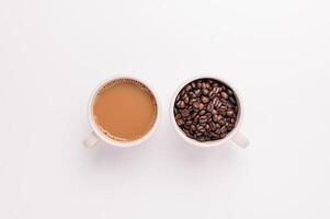 coffee mug, coffee beans, white background scene photo