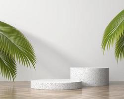 Podio de plataforma de mármol blanco para exhibición de productos con hojas de palma 3d foto