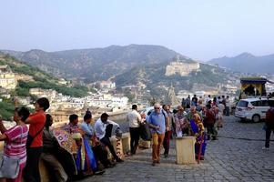 Tourists taking photos of Jaipur from the Amber Fort, Jaipur, India, 2019