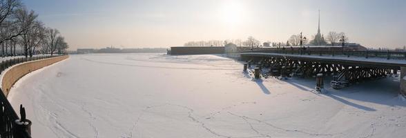 winter panorama, view of Hare Island and the Ioannovsky Bridge in fog photo