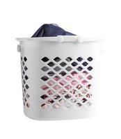 Basket with dirty laundry on white background photo