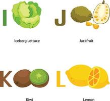 alfabeto il letra lechuga iceberg, fruta jack, kiwi, lemon.vector vector