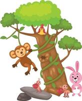 big tree and monkey and bird and rabbit and ant vector