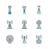 5G cell towers and antennas RGB color icons set vector