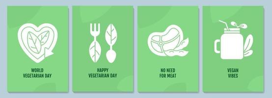 Tarjetas de felicitación de movimiento vegetariano con conjunto de elementos de icono de glifo vector