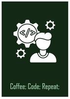 tarjeta de felicitación de rutina de programador de computadora con elemento de icono de glifo vector