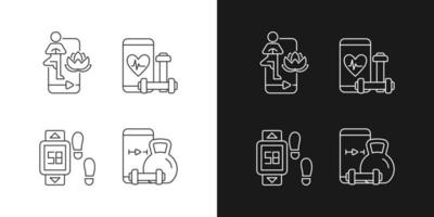 Online fitness yoga classes linear icons set for dark and light mode. vector