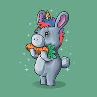 little donkey eating carrot grunge style illustration vector