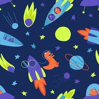 Seamless pattern of neon bright dinosaurs traveling into space vector