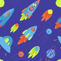 Seamless pattern of rockets with dinosaurs flying in one direction vector