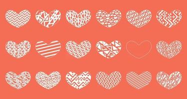 Set of pink vector eighteen hearts with different patterns