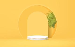 3d podium with palm leaves on yellow background. vector