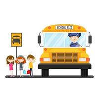 School bus with driver on the bus stop with children vector