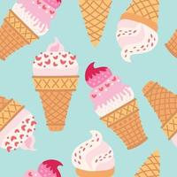 Cartoon seamless pattern with ice cream in waffle cones. vector