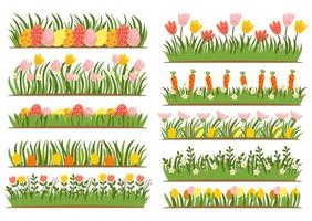 Easter eggs on grass with flower set vector