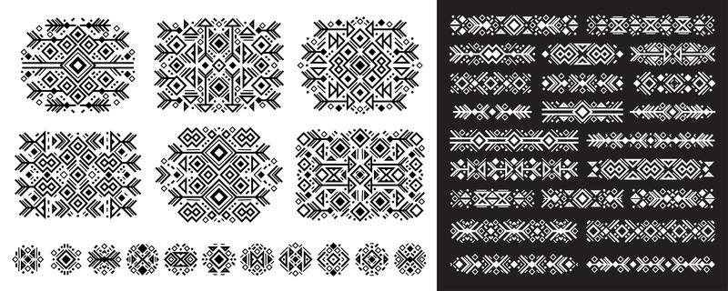 Navajo elements set in boho style on white and bla