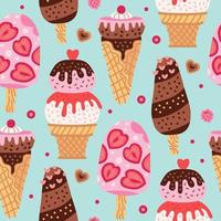 Cartoon seamless pattern with ice cream in waffle cones. vector