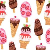 Cartoon seamless pattern with ice cream in waffle cones. vector