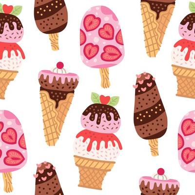 Cartoon seamless pattern with ice cream in waffle cones.