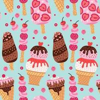 Cartoon seamless pattern with ice cream in waffle cones. vector