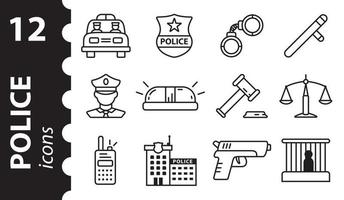 Police icons in linear style. A set of vector line symbols.