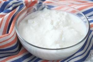 fresh yogurt in a bowl on table photo