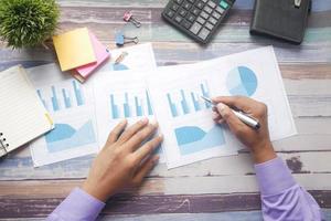 top view of man hand with pen analyzing bar chart on paper photo