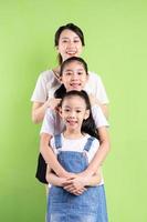 Portrait of Asian family on green background photo