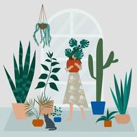 Señora loca de las plantas en el jardín de su casa. niña abraza una maceta con planta vector