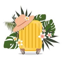 Yellow suitcase with tropical leaves and beach hat. Tourism, adventure vector