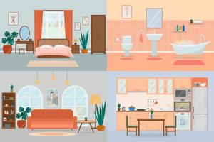 Set cozy interior design house rooms with furniture. Bedroom, kitchen vector