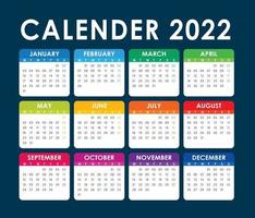 Vector de calendario 2022, versión en inglés