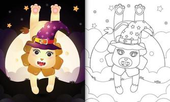 coloring book with a cute cartoon halloween witch lion front the moon vector