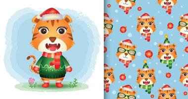 a cute tiger christmas and seamless pattern vector