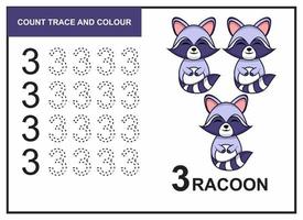 count trace and colour racoon number 3 vector