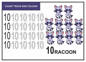 count trace and colour racoon number 10 vector