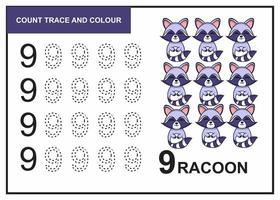 count trace and colour racoon number 9 vector