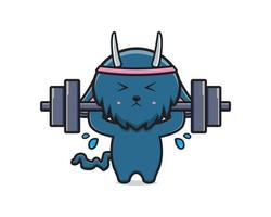 Cute monster do weight lifting cartoon icon illustration vector