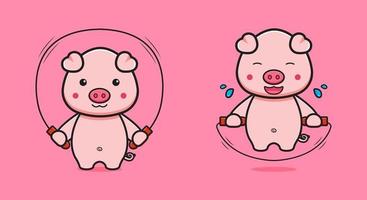 Cute pig do jump rope cartoon icon illustration vector