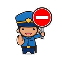 Cute police holding stop sign cartoon icon illustration
