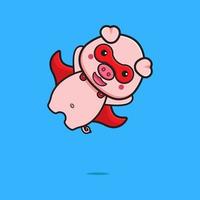 Cute pig super hero flying cartoon icon illustration vector