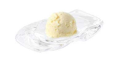 Vanilla ice cream in mini glass tray on white background photo