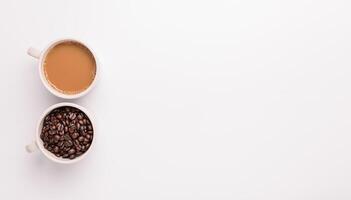 coffee mug, coffee beans, white background scene photo