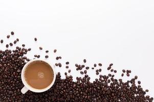 coffee mug, coffee beans, white background scene