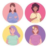 group of four girls interracial avatars characters vector