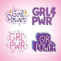 four girl power letterings set vector