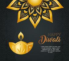 Happy diwali with diya candle and gold mandala vector design