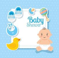 baby shower card with cute little boy and decoration vector